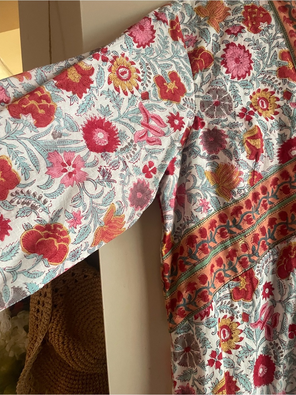 Handblocked Floral Maxi Dress with Tie Front - Pink & Orange - Picture 4 of 5